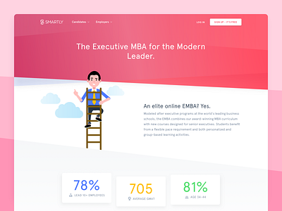 Smartly • The Executive MBA Page candidates cards clean design education education website educational employers hero illustration mba percentages stats technology web website design