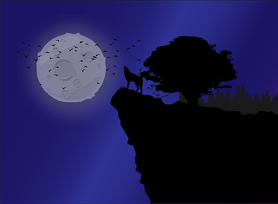 wolf in mountain crow fear illustration illustrator moon night vector wolf