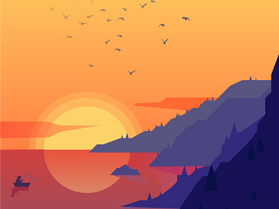 sun set crow fishing illustration illustrator mountain sun sunset