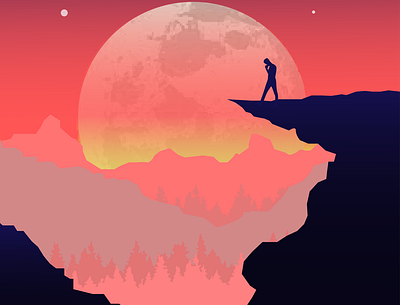 thinking colorful illustration illustrator moon mountain pink think thinker thinking vector