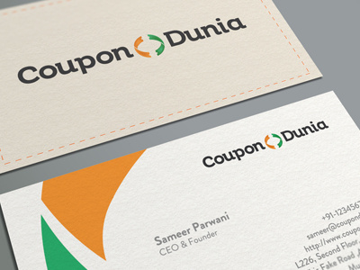 CouponDunia Business Card ali branding business card card codes corporate identity coupon coupon dunia coupon world discount dunia effendy global india indian logo mockup popular start up stitch visiting card world