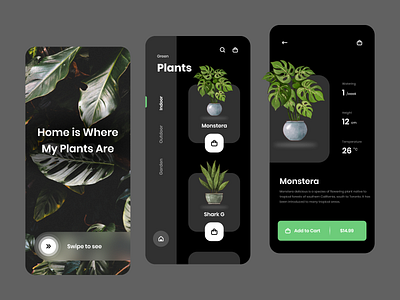 Plant Shop App - Dark Mode app design crypto currency cryptocurrency dark dark app dark ui darkui finance game design ios minimal mobile mobile app design mobile design modern plant shop ui uidesign uiux uiuxdesign