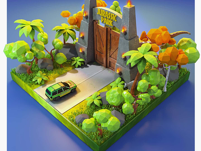 Jurassic Park Isometric fun 3d 3d illustration 3ds max after effects blender concept dinosaur diorama forest illustration isometric low poly jurassic park lowpoly lowpolyart model nature render spring vray