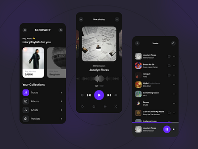 Music Player App Design album app artist clean dark dark theme design minimal music music app music player play player purple song spotify ui ux