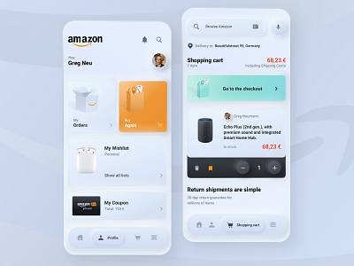 Amazon - Neumorphism Concept amazon android app app design business checkout e commerce ios mobile app navbar neumorph neumorphism orange profile shopping cart skeumorphism soft tapbar ui