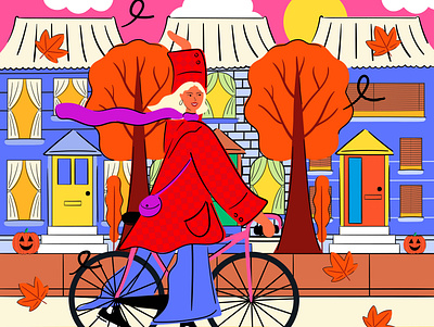 Autumn Breeze autumn character illustration colour colourful cycling fall fashion illustration house illustration illustration illustration art illustrator vector vectorart