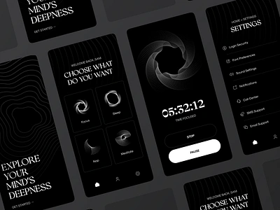 Meditation App app app design black black and white bw classic focus luxurious meditation minimal sleep ui uidesign