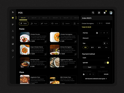 POS Dashboard screen in Restaurant Management App caffe app categories dark mode dashboard discounts flat fee food ordering pos restaurant server split bill tips waiter yellow