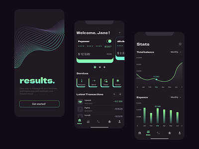 Finance App for Freelancers balance bank app bar chart buttons cardholder charts credit card dashboard expences finance app freelancer app green app income line chart pay taxes results stats transactions