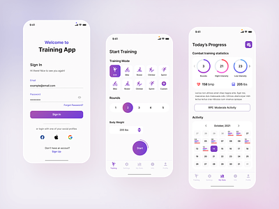 Training App for Professional Athletes athletes calendar circular charts combat training dashboard donut charts fitness app forgot password log in practice progress purpul rounds sign in sign up sport app stats training mode very peri