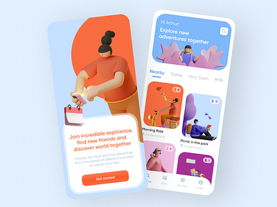 Travel app for addicted to adventures 🦄 3d 3d characters activities adventure banner bottom menu button categories dailyui filter get started illustration join rowing search tab menu tabs travel travelers trip