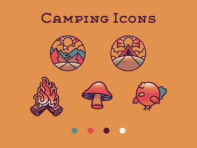 Campin' Good Times bird campfire camping icons illustration mushroom tent vector