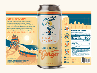 Coastal Craft Kombucha - Jones Beach Ginger bird branding illustration package design