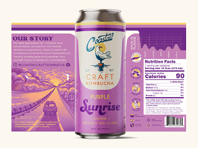 Coastal Craft Kombucha - Purple Sunrise bird branding graphic design illustration logo package design