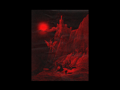 DAMNATION | CADAVRE album art album cover art direction artwork castle design dribbbleweeklywarmup graphic design kevlard music photoshop red sun redesign retouching woodcut