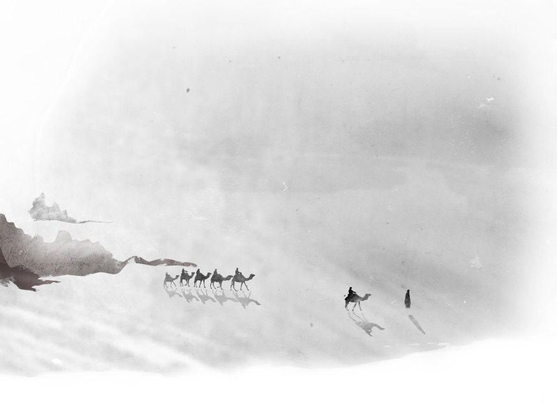Untold Editorial Illustrations - Ek Irani Chai black and white travel texture shade iran india editorial illustration historical journey camel landscape