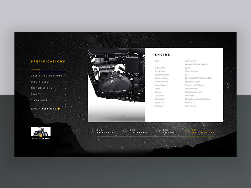 Motorcycle Specification Page bike blackandwhite vintage classic royalenfield automobile motorcycle matte black minimal ux ui