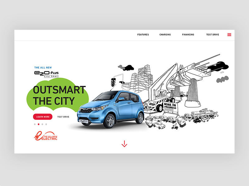 Landing page for Mahindra e20 plus Launch ecofriendly mahindra city lineart illustration electric car automobile minimal ux ui