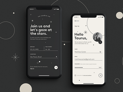 co–zodia–co astrology app app design astrology dailyui design figma form galaxy horoscope login minimal signup sketch social network space stars ui zodiac
