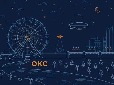 OKC Ferris Wheel clevyr design ferris wheel graphic illustration line work okc oklahoma city skyline tee tshirt ufo