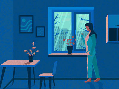 The girl at the window blue girl illustration
