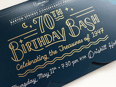 Barton Springs Conservancy 70th Birthday Bash invite collateral die cut foil graphic design invitation letter design lettering script typography