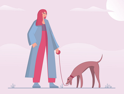 Walking with my dog adobe design dog girl illustration love pet pink sun sunny sunshine vector walk