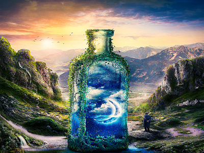 Surreal magical dream bottle landcsape composite image manipulation surrealism