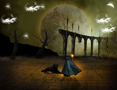 The witch and her kitten compositing illustration manipulations photoshop