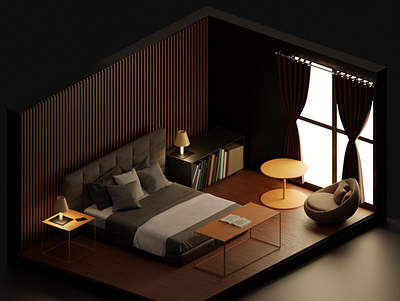 Isometric bedroom 3d blender compositing illustration