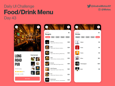 Daily UI #43 Food/Drink Menu app dailyui dailyuichallenge design figma food food drink menu menu mobile ui ui design ux ux design uxui