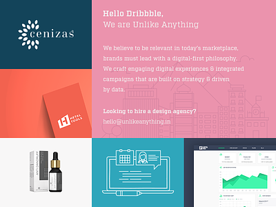 Hello Dribbble! We Are Unlike Anything about colorful debut design first shot flat graphic hello dribbble illustration invitation portfolio ui