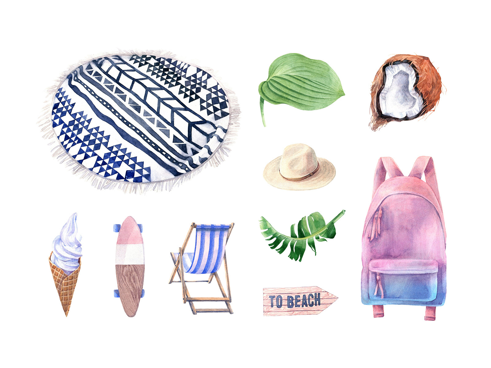 Forever Summer Watercolor Set clipart download graphic hat icecream illustration leaves pixelbuddha summer watercolor watercolor clipart