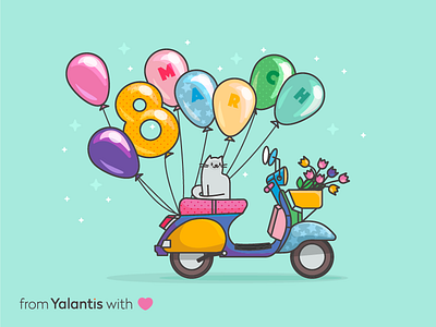 Greeting Card FREE card cat color emoji flat flower free freebie holiday illustration scooter spring