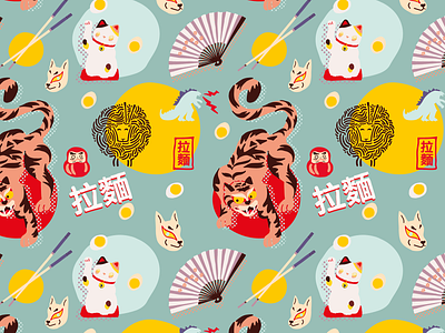Asian Mood Part 2 asia cat egg godzilla illustration pattern pattern art pattern design seamless sheep textile textile pattern tiger vector wolf