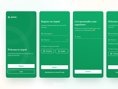 Sign up screens for Aepod login onboarding signup