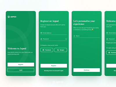 Sign up screens for Aepod