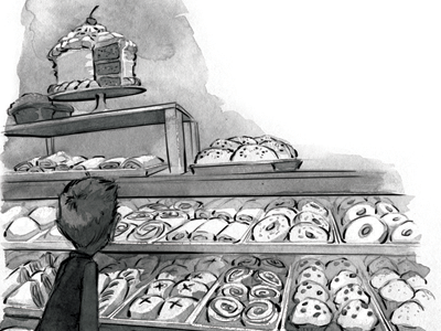 Bakery Aroma bakery black and white boy cake children doughnuts food illustration muffins poetry watercolor