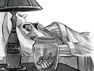 Michael Martin Melvin Moss bed black and white false teeth grayscale jar lamp man night nightstand sleep watercolor