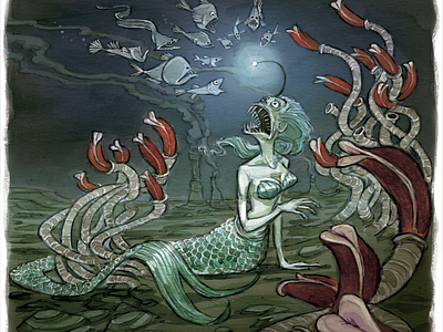 Deep Sea Mermaid angler fish art watercolor deep sea digital humor illustration mermaid tube worms