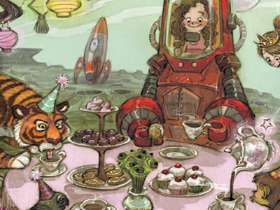 Fantasy Tea Party animals childrens digital fantasy girls illustration party planet robot space tea watercolor