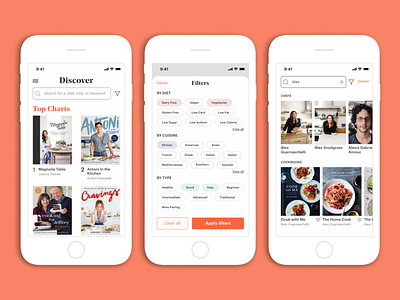 Cookbook Marketplace - Search & Filter Exploration bookstore branding chef cookbook drawer ecommerce ecommerce app filter drawer filters iphone8 marketplace mobile app mobile app design mobile apps product design search bar search result search results shopping search ui design