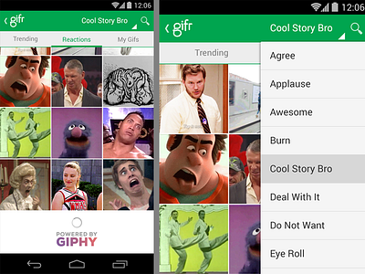 Gifr Reactions for Android android app dropdown gif green icon loading mobile reactions search