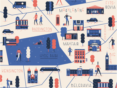 WWD MAGAZINE big ben buildings character london map park shopping taxi tree typography vector