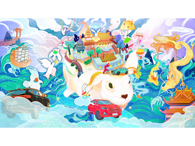 Tide the waves of the country chinese style guochao illustration illustration art rabbit