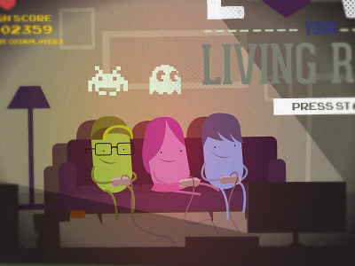 Retro Gaming Infographic cartoon computer console frontroom gaming illustration lounge sofa spaceinvader videogames