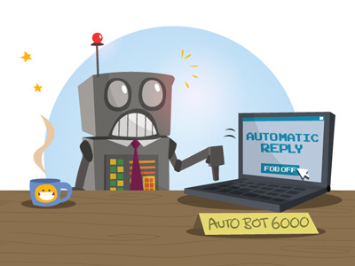 Auto Reply-bot 6000 business cartoon coffee desk emails illustration laptop robot tie