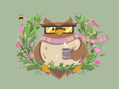 Hoot Stuff beak bird cartoon cup cute glasses hoot illustration mothers day owl plants scarf
