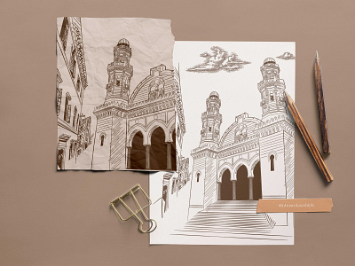 Cezayir Keçiova Camii architecture old building drawing illustr