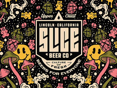 A TRIP TO SLICE apparel beer branding craft beer drawing drugs gummies hops identity illustration joints logo packaging pattern pills shrooms smiley trippy typography